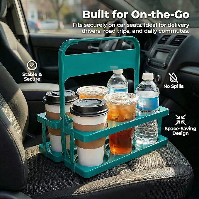 6 Cup Drink Carrier for Delivery - Foldable Drink Holder with Handle, Reusable Cup Carrier for Drinks, Portable Beverage Caddy Accessories for Parties, Camping, Car, Coffee & Bottles (Teal)