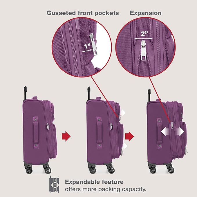 U.S. Traveler Rio Lightweight Softside Rolling Carry-on Suitcase, 4-Wheel Set, Purple