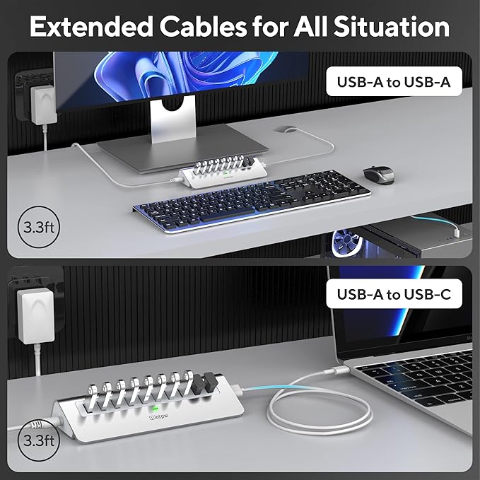 Powered USB Hub 10Gbps, intpw USB Port Hub with 10 Port USB 3.1 Data, 36W Power Adapter, 3.3FT USB-A & USB-C Cables, Aluminum USB Hub for PC, Laptop, Mac, Desktop