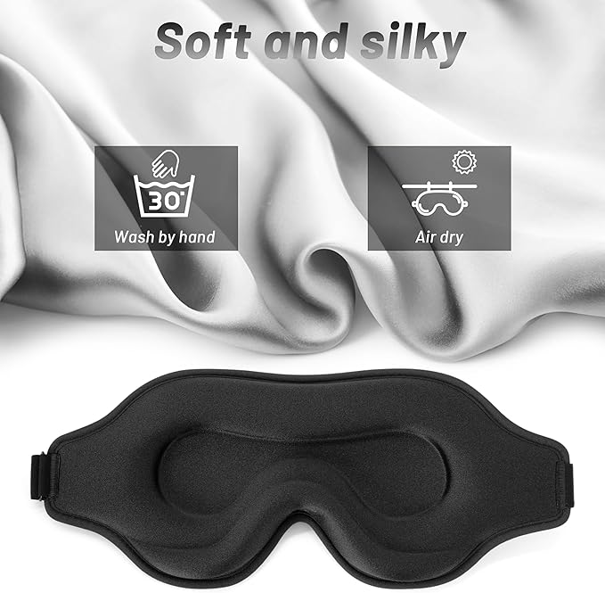Sleep Eye Mask for Men Women, Sleeping Mask for Side Sleeper, Travel Blackout Night Blindfold Eye Shade Cover with Adjustable Strap (Black)