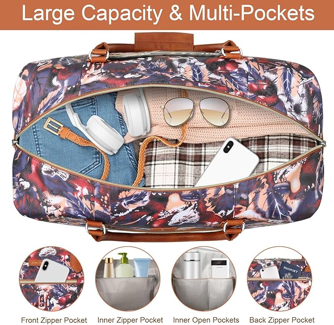 ITIEZY Weekender Overnight Bag for Women - Large Travel Duffel Bag with Shoe Compartment, Gym Duffel Bag Hospital Bag Carry On Tote Bags for Airplanes with Crossbody Bag Toiletry Bag 3Pcs Set