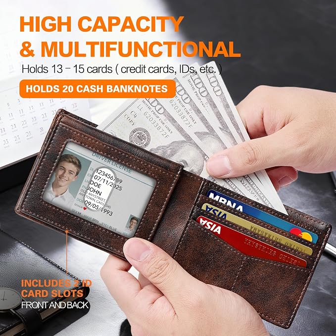 Wallet for Men Slim RFID Blocking Bifold Carbon Fiber,Minimalist Small Compact Front Pocket Credit Card Holder,Thin Mens Leather Wallets Smart Security With 2 ID windows 1 Cash (Retro Black & Brown)