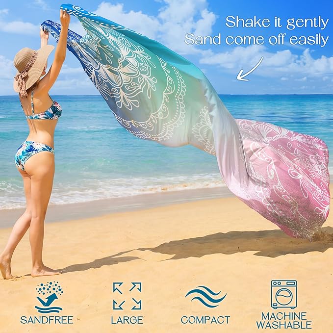 BYDOLL Beach Blanket Waterproof Sandproof Large Sand Free,78''X81''/10'X9' Oversized Sandless Lightweight Blanket Picnic Mat for Beach Travel Camping Hiking with Stakes