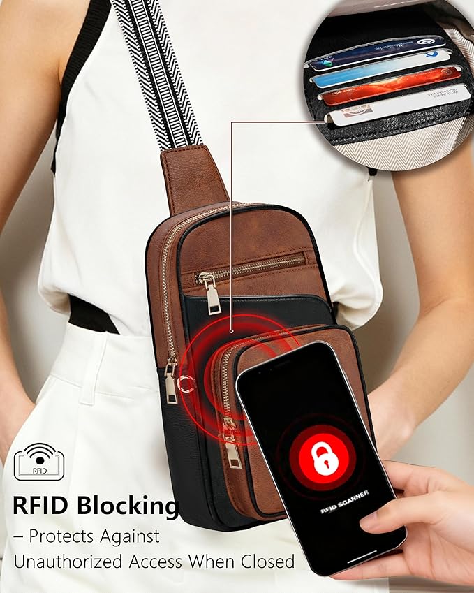 Anti Theft Crossbody Bags for Women,RFID Sling Bag Travel Purse,Vegan Leather Cross Body Purses Chest Bag for Travel(Black+Brown)
