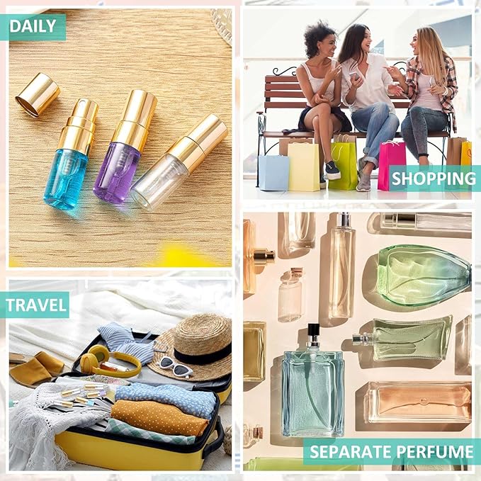Zhehao 1 Pcs Mini Spray Bottles Clear Glass Perfume Bottles Refillable Fine Mist Perfume Atomizer Portable Empty Sample Containers for Cleaning, Essential Oils, Travel (Gold Cap,2 ml)