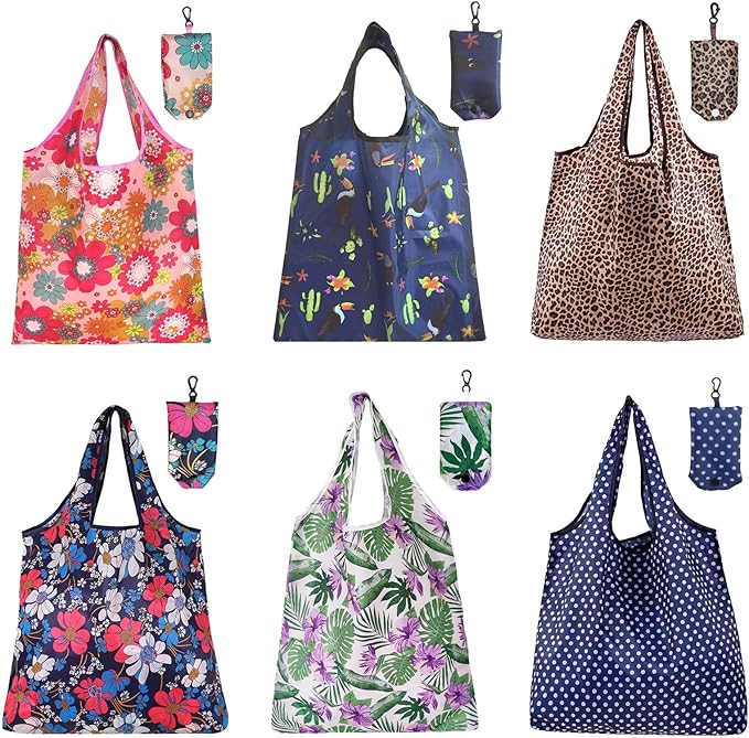 6 Pcs Reusable Shopping Bags Foldable,Grocery Bags in Pocket,Waterproof and Machine Washable,Eco-friendly Travel Recycle Polyester Tote Bags for Daily Shopping Supplies load