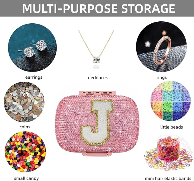 Cute Pill Organizer Small Bling Pill Case for Purse Medicine Vitamin Container Holder Daily Pill Box Container for Women Travel Medicine Kit(Letter J Pink)