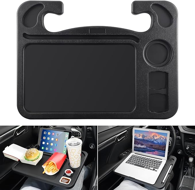 JUSTTOP 4 In 1 Car Steering Wheel Desk for Laptop,Versatile Upgraded Car Seat Tray, Spacious Steering Wheel Table With Tablet Holder and Dual Sauce Racks,Steering Wheel Under Table Console (Large)