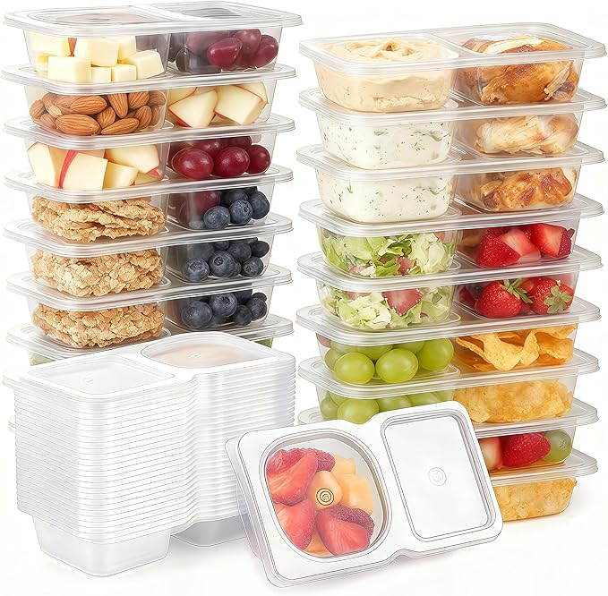 Pure Future 30-Pack Reusable Double Compartment Snack Containers with Lids - Bulk Value Meal Prep Bento Boxes for Kids School Lunch, Fruit & Dips, BPA-Free