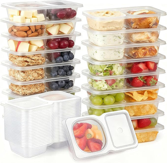 Pure Future 30-Pack Reusable Double Compartment Snack Containers with Lids - Bulk Value Meal Prep Bento Boxes for Kids School Lunch, Fruit & Dips, BPA-Free