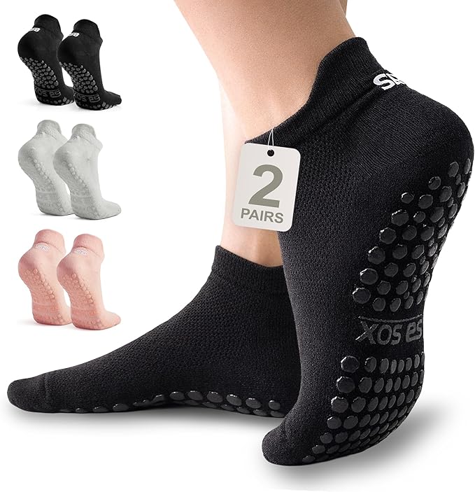 SB SOX Pilates Socks for Women (2 Pairs) - Non Slip Grip Socks for Yoga, Barre, Hospital - With Lite Compression
