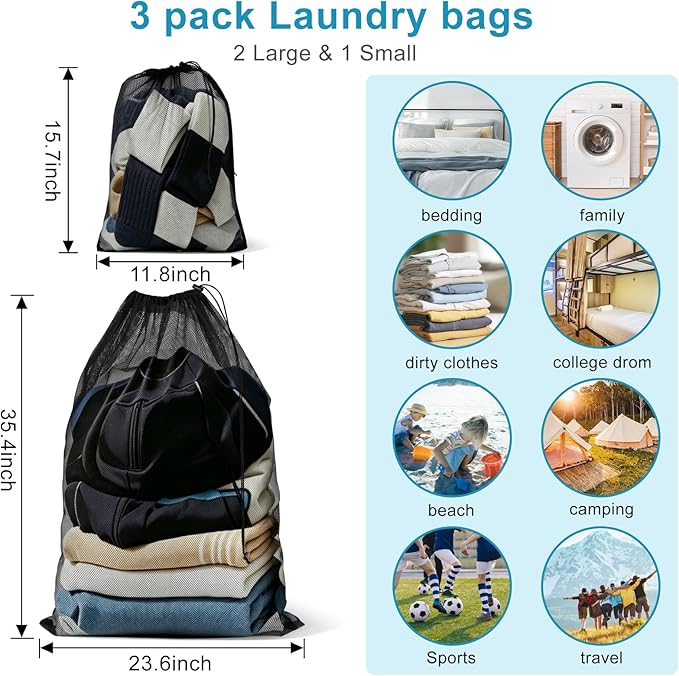 3 Pack Mesh Laundry Bags, 2 Large & 1 Small Breathable Fabric Mesh Laundry Bag, Thick Drawstring & Tear Resistant Black Wash Bags for Home, Dorm, Travel & Camping