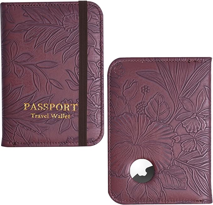 lizimandu Passport Holder with Airtag Slot, Airtag Passport Wallet for Men Women, Slim Leather Passport Holder Case Family for Travel Anti-Lost(1-Carved Dark Brown)