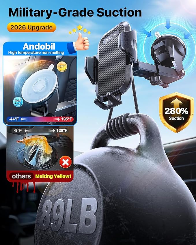 andobil Military-Grade Phone Holders for Your Car 【89+ LBS Strongest Suction & Metal Clip】 2026 Ultimate Car Phone Holder, Dashboard Windshield Vent Cell Phone Car Mount for iPhone Sumsung Android