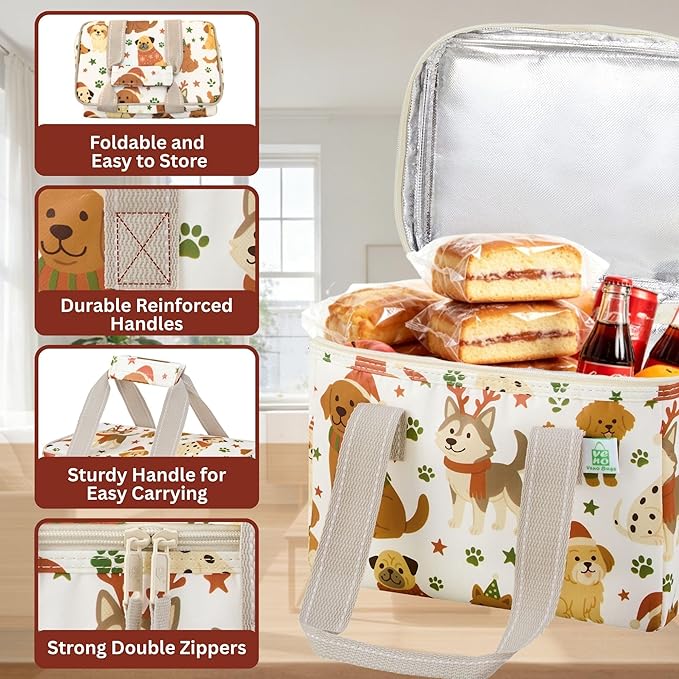 VENO 2 Pack Insulated Lunch Bag for Women Men, Reusable Lunch Box Grocery Shopping Bag Small Cooler with Handles Zippers for Work Office Picnic Beach (Holiday Pups)