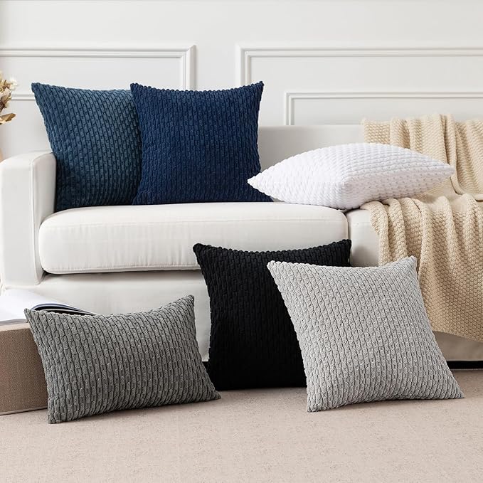 Kevin Textile 14x20 Inch Pillow Cover 1 Pack Boho Decorative Soft Striped Corduroy Lumbar Farmhouse Color Accent Rectangle Cushion Case for Living Room Couch Sofa Bed, Navy Blue