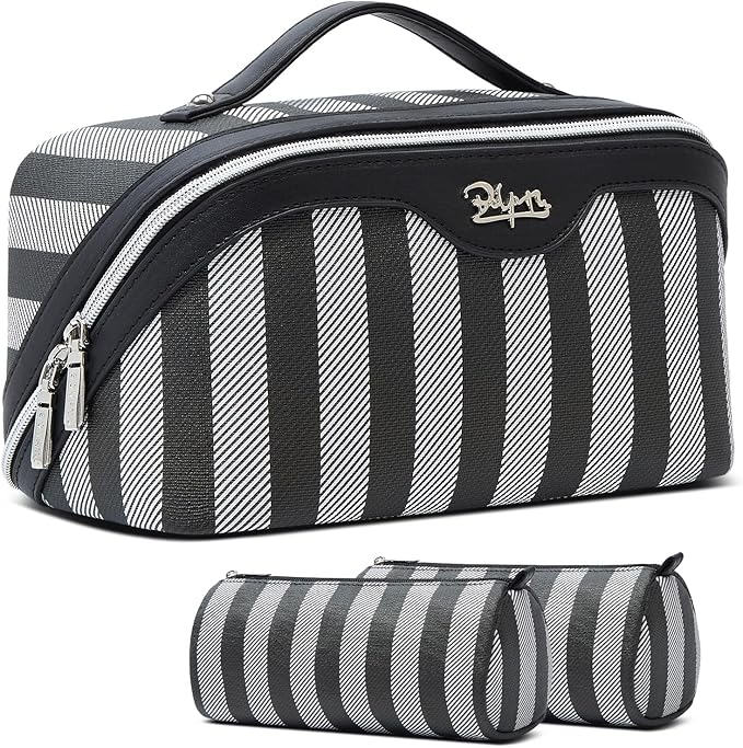 BOYATU Travel Makeup Bag Cosmetic Bag for Women: 3 Pcs Set Striped Make up Bag with Compartments - Waterproof Vegan Leather Toiletry Bag with Handle - Makeup Organizer for Travel Essentials(A-4-Black)