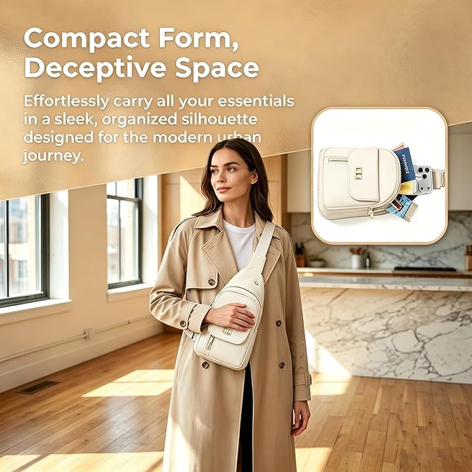 Sling Bag Small Compact Crossbody Bags for Women Anti-Theft Multiple Pockets Waterproof Fanny Pack for Travel Hiking Daily Beige