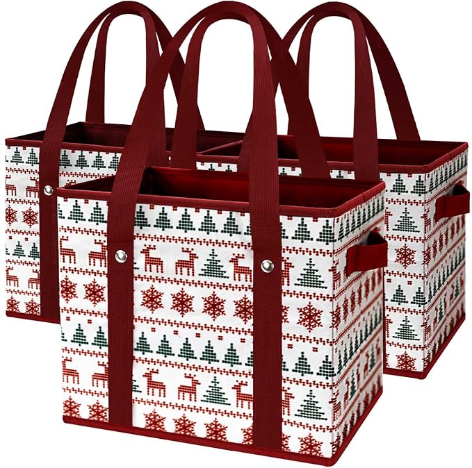 Reusable Grocery Bags 3 Pack - Heavy Duty Reusable Shopping Bags with Hard Bottom & Long Handles, Stand Up Grocery Boxes Reusable Foldable, 13x10.23x11in, Reindeers