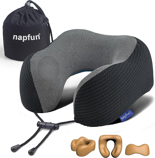 napfun Neck Pillow for Traveling, Upgraded Travel Neck Pillow for Airplane 100% Pure Memory Foam Travel Pillow for Flight Headrest Sleep, Portable Plane Accessories, Charcoal Black