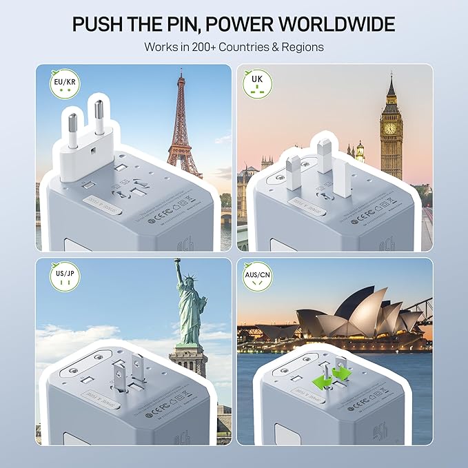 EPICKA Universal Travel Adapter GaN 45W, European Travel Plug Adapter with PD&QC Fast Charging(2 USB-A & 3 USB-C Ports) - Worldwide Travel Essentials, International Power Adapter for UK/US/AU (Blue)