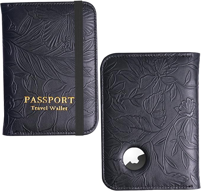 lizimandu Passport Holder with Airtag Slot, Airtag Passport Wallet for Men Women, Slim Leather Passport Holder Case Family for Travel Anti-Lost(1-Carved Black)