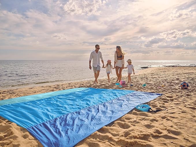 WEKAPO Beach Blanket Sandproof Waterproof, Extra Large Beach Mat, Oversized & Compact Sand Free, Quick Drying Beach Essentials for Vacation, Cruise, Picnic & Camping with Stakes
