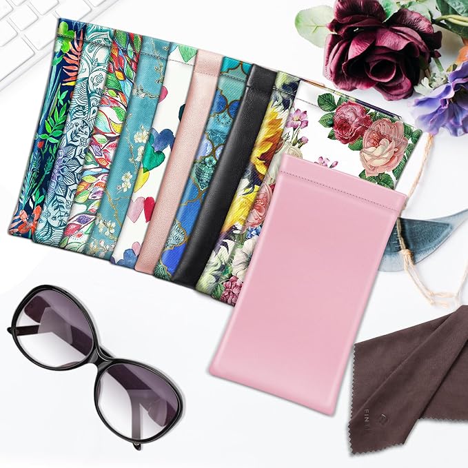 FINTIE Soft Eyeglasses Case with Cleaning Cloth, Portable Squeeze Top Vegan Leather Glasses Pouch, Sunglasses Eyewear Bag