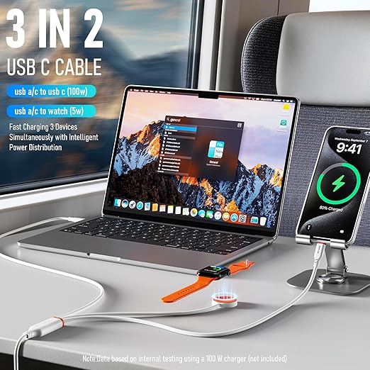 Travel Essentials 3 in 2 Multi Charging Cable 100W USB A/C to Dual USB C/for Apple Watch Charging Cable Silicone Fast Charge Compatible with iPhone 17-15 Series iPad MacBook, Type-C Devices 5FT-White