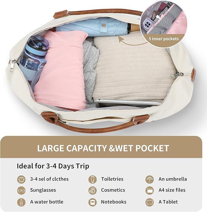 Women's Weekender bag Travel Duffel Bag with Shoe Compartment 21-inch Airline-Approved Carry-On, 2-Piece Overnight Bag Set Personal Item Luggage