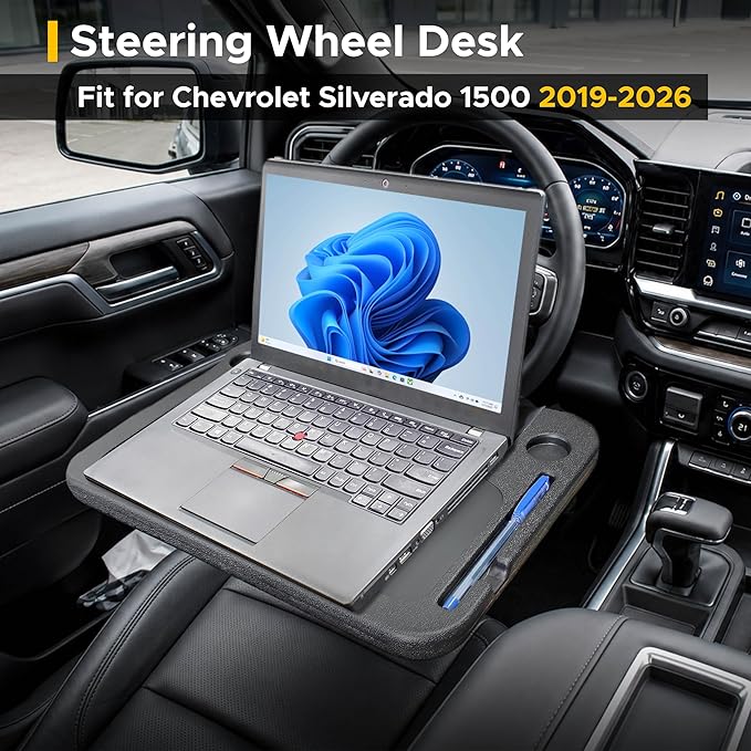 EcoNour Steering Wheel Desk for Chevrolet Silverado1500 2019-2026 2-in-1 Car Tray Table Laptop Car Mount with Pen Holder Food Tray for Eating with Drinks Holder Multipurpose Travel Car Accessories