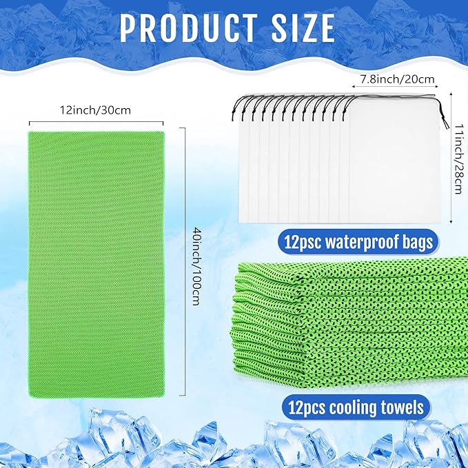Hosuly 12 Pcs Cooling Towels for Face and Neck 12 x 40 Inch Workout Towels for Gym Fast Drying Hot Weather Sweat Rag Cold Cooling Cloth with 12 Bags Athletes Sport Yoga Golf(Green)