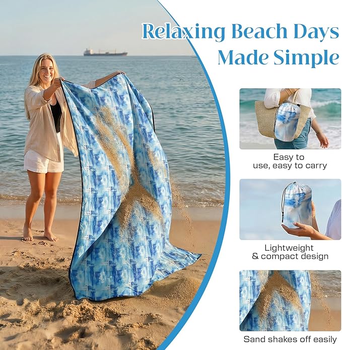 OIGAE Family Beach Blanket, 7×8 ft Sand-Free Picnic Mat for 1–4 People, Quick-Dry Lightweight Outdoor Blanket with Stakes & Corner Pockets, Sailing Boat