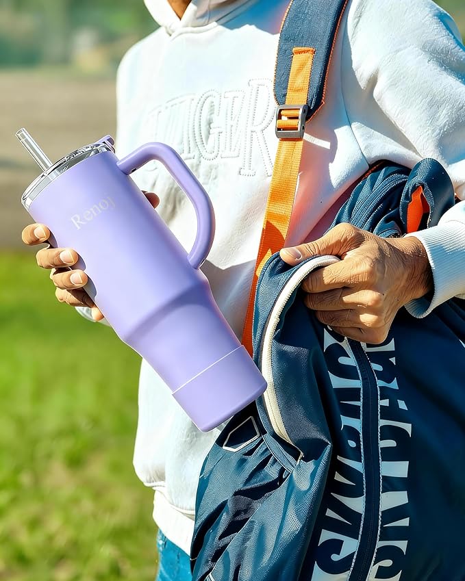 Renoj Insulated Mug 100% Leak Proof Insulated Water Bottle for Iced Coffee & Hot Drinks - Fits Car Cup Holder, Ideal Gift, 2 Straws & Silicone Boot - SnapShift Blue 32 oz