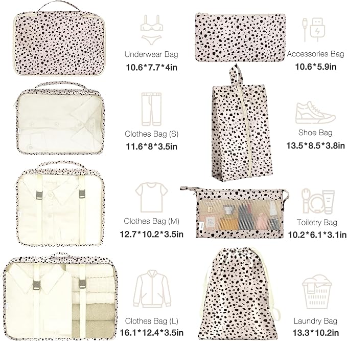 8 Set Packing Cubes for Suitcases, Packing Cube with Shoe, Cosmetics, Clothing, and Accessories Bags Packing Cubes for Travel Luggage Organizer(Leopard)