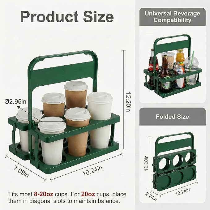 6 Cup Drink Carrier for Delivery - Foldable Drink Holder with Handle, Reusable Cup Carrier for Drinks, Portable Beverage Caddy Accessories for Parties, Camping, Car, Coffee & Bottles (Green)