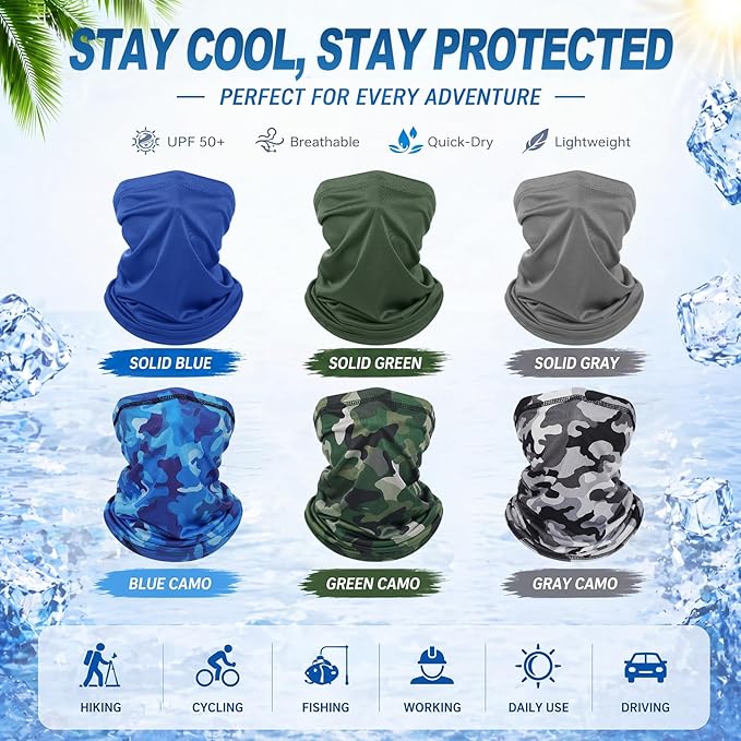 Geyoga 6 Pieces Summer UV Protection Cooling Neck Gaiter Face Clothing Neck Gaiter Mask Scarf Sunscreen Breathable Bandana