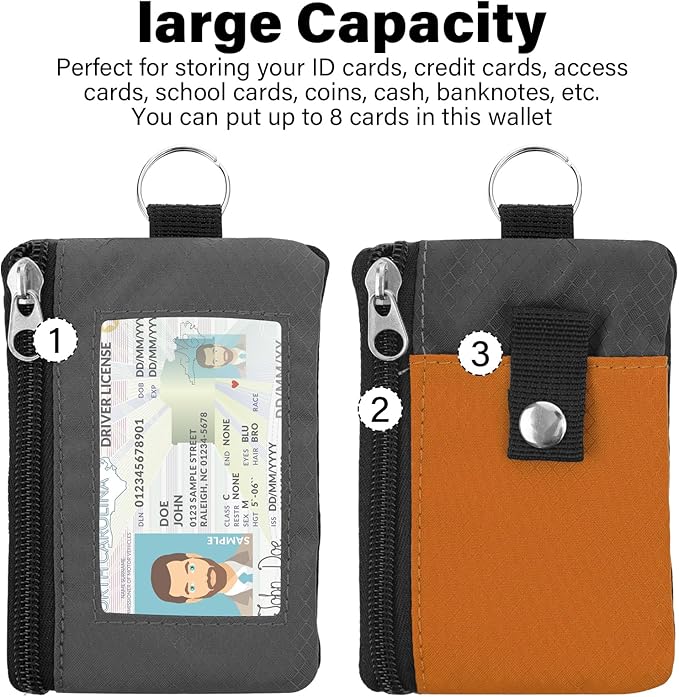 Minimalist RFID Wallet with Lanyard, Multi-functional ID Case with 2 Zipper Pockets and Key Chain for Men and Women, Tactical Badge Pouch Cards Holder, Coin Purse for Travel Sports - Gray&Orange