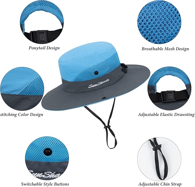 Sun Hat for Women Summer UV Protection Beach Hat Wide Brim Mesh Bucket Fishing Hat with Ponytail Hole Foldable Packable Hat