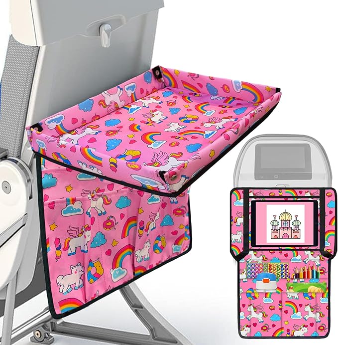 Adjustable Kids Tray Table Cover with Multi Portable Pockets, Airplane Travel Essentials for Kids, Toddlers, Adults, Airplane Must Haves, Plane Travel Essentials, Travel Tray for Plane Train, Horse