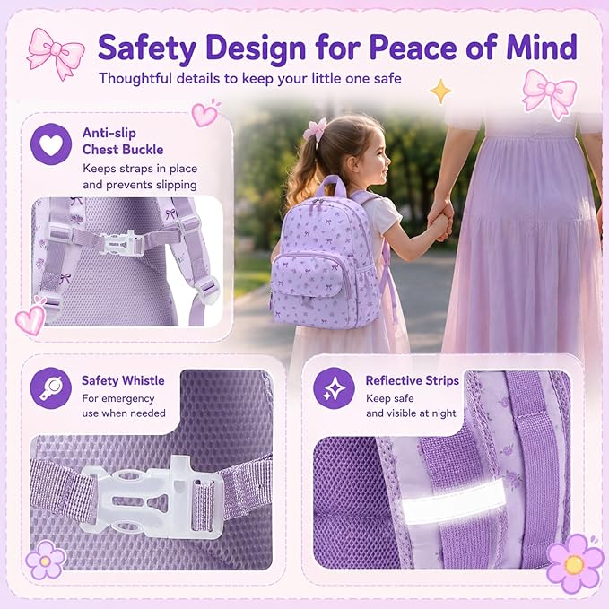 BTOOP Kids Backpack for Girls 4-6, Small Girls Backpack-Preschool Kindergarten School Bookbag with Insulated Lunch Compartment & Chest Strap for Girl (Purple-Bow, Age 3-6 (14.5" H Fit Folder))
