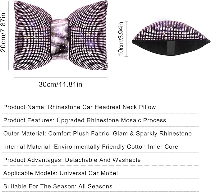 surpassme 2PCS Rhinestone Car Headrest Neck Pillow for Driving with Bling Bling Crystal Bow Pillow Car Accessories for Women (Pink)