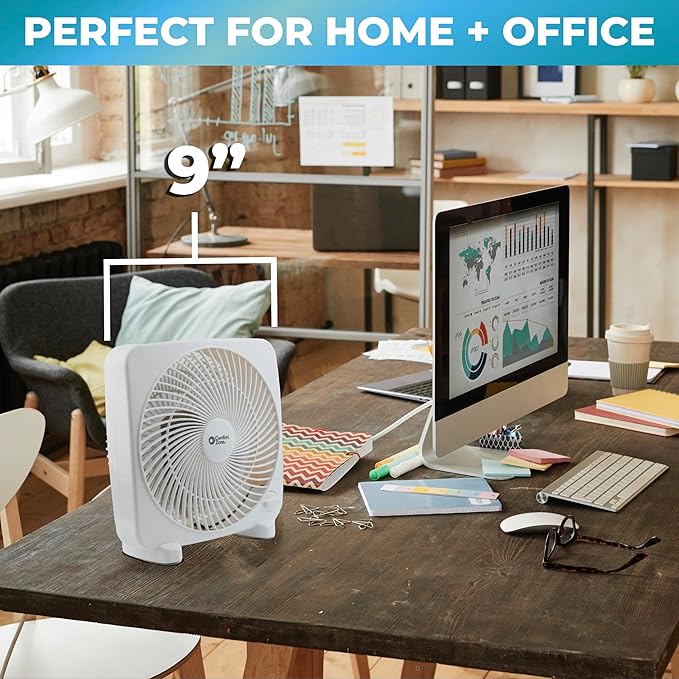 Comfort Zone Box Fan, 9 inch Portable Desk fan, Quiet 3 Speed Mini Fan for Bedroom, Electric Bedside Table Fan, White