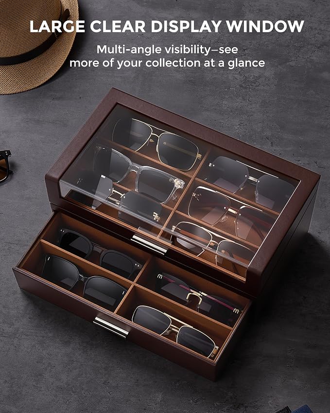 ProCase 12 Slots Sunglasses Box Organizer with L-Shaped Clear Lid, Multiple Pairs Glasses Display Holder Eyewear Eyeglass Eye Glass Storage with Drawer for Men -Espresso
