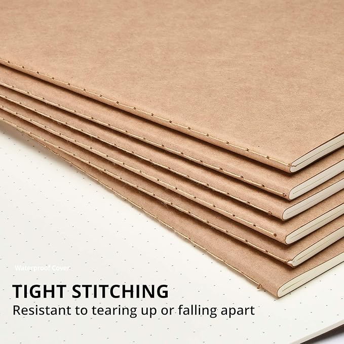 TWONE Travel Journal, 6 Pack Notebook Journal for Travelers Work School Writing Note Taking Kraft Brown Soft Cover Notebooks 5.5” x 8.25”, 60 Dot Grid Pages, 30 Sheets