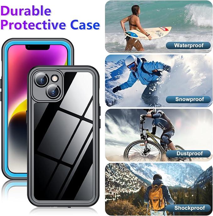 Compatible with iPhone 14 Case Waterproof, Built-in Screen & Camera Protector IP68 Underwater Full Body 14FT Military Dropproof Shockproof Phone Case 6.1"-Blue/Clear