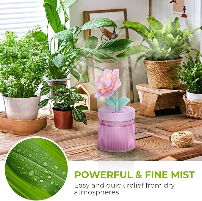 260ml Flower Mini Humidifier, Purple Gardenia Desktop Small Humidifiers, Personal Cool Mist Humidification, USB Desk Humidifier for Bedroom, Office, Travel & Indoor Plants