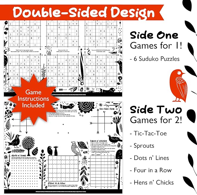 GSM Brands Disposable Airplane Tray Table Cover (Pack of 20) - Double Sided with 12 Games - Opaque White