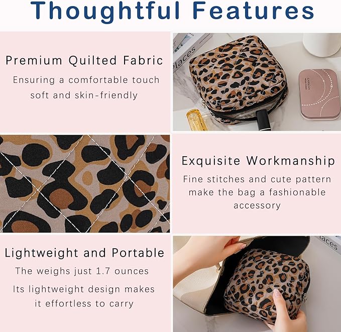 RSRSLEII Small Quilted Cosmetic Pouch for Purse, Mini Cotton Makeup Bag with Compartments, Cute Zipper Lipstick Holder for Women (22Leopard Print)