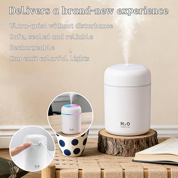 300ml USB Cool Mist Small Humidifier with Colorful Lights,Portable Mini Humidifier, Perfect for Bedroom, Office, Plants, travel & Car, White